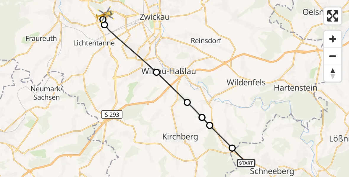 Flugroute Rettungshubschrauber Schneeberg - ADAC Air Rescue Station Zwickau Hubschrauberlandeplatz, 18 Mai 2026, 15:38