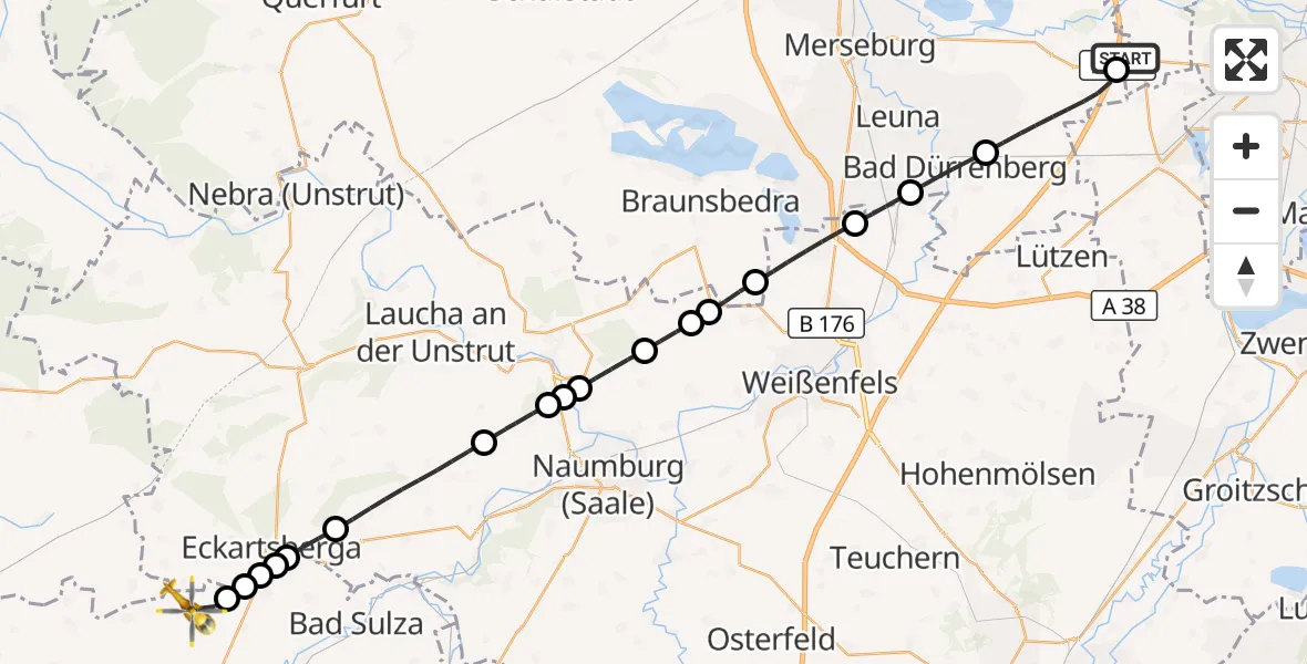 Flugroute Rettungshubschrauber ADAC Air Rescue Station Leipzig/Schkeuditz-Dölzig Hubschrauberlandeplatz (Christoph 61) - Bad Sulza, 18 Mai 2026, 15:45