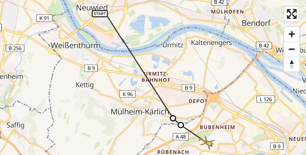 Flugroute Rettungshubschrauber Neuwied - Koblenz, 18 Mai 2026, 15:47