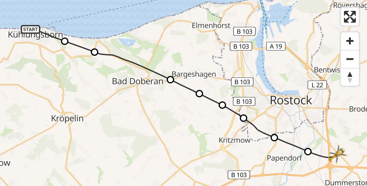 Flugroute Ambulanzhubschrauber Kühlungsborn - Dummerstorf, 18 Mai 2026, 15:47