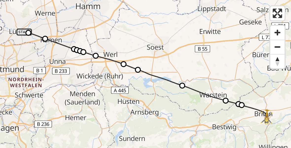 Flugroute Rettungshubschrauber Lünen - Brilon, 18 Mai 2026, 15:49