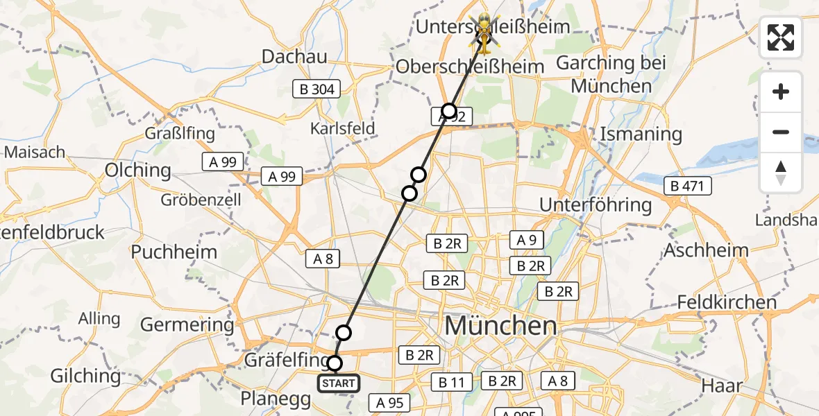 Flugroute Rettungshubschrauber DRF Air Rescue München Hubschrauberlandeplatz - Unterschleißheim, 18 Mai 2026, 15:50