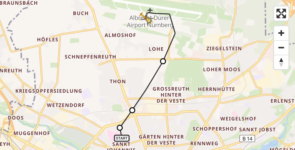 Flugroute Ambulanzhubschrauber Nürnberg North Hospital - Flughafen Nuremberg, 18 Mai 2026, 15:57