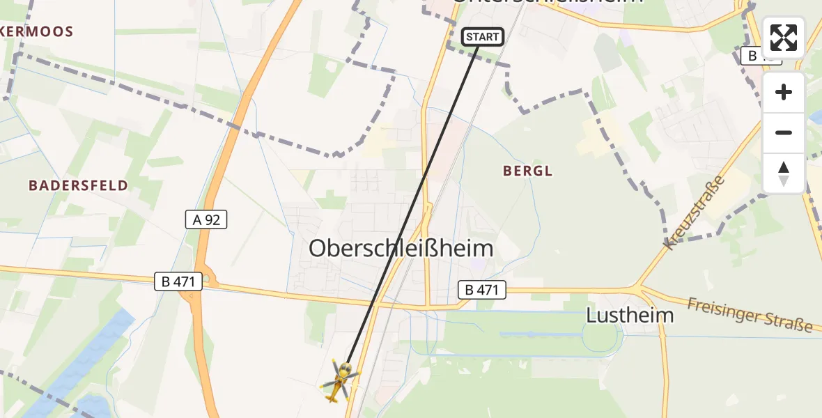 Flugroute Rettungshubschrauber Unterschleißheim - Oberschleißheim, 18 Mai 2026, 15:58