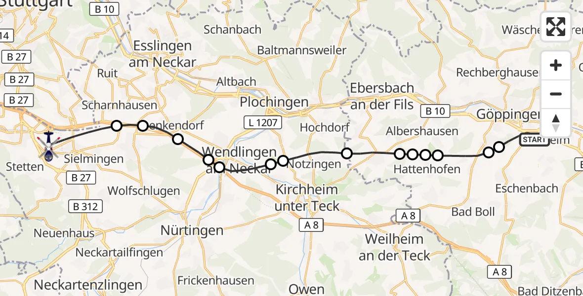Flugroute Polizeihubschrauber Göppingen - Flughafen Stuttgart, 18 Mai 2026, 16:03