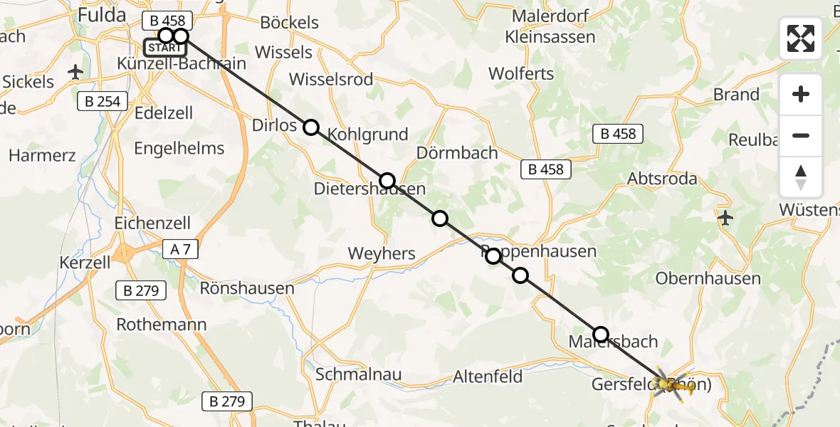 Flugroute Rettungshubschrauber Fulda Hospital - Gersfeld (Rhön), 18 Mai 2026, 16:09