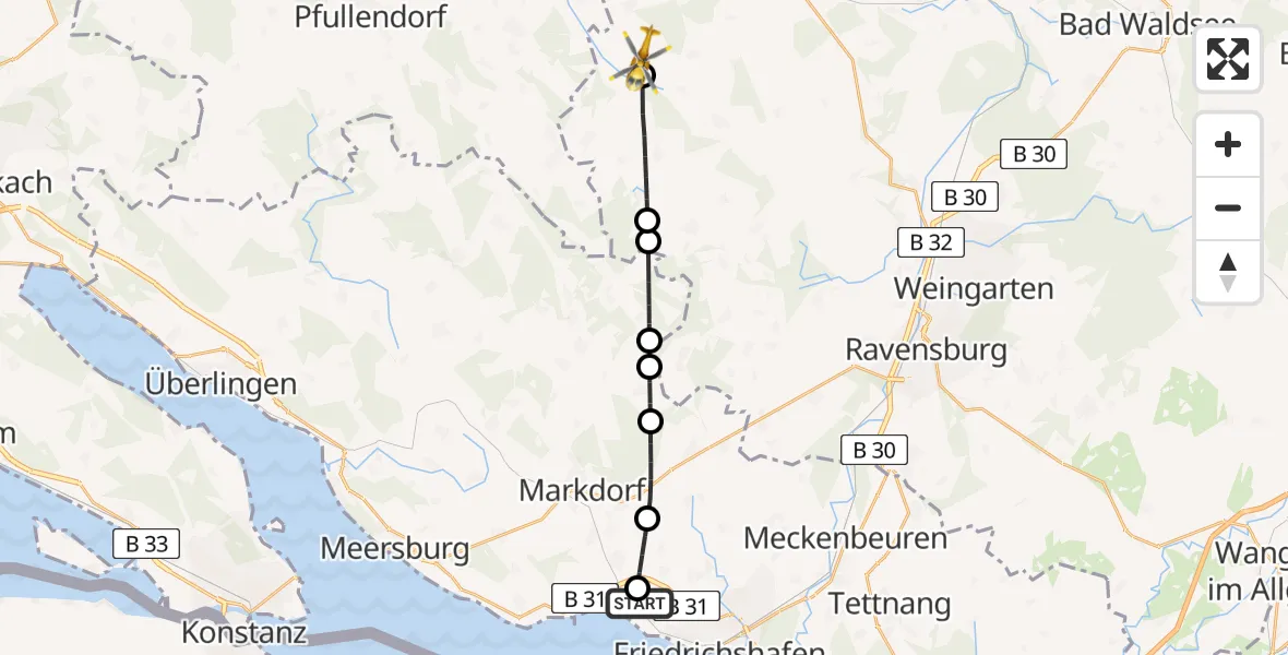 Flugroute Rettungshubschrauber Friedrichshafen Hospital - Riedhausen, 18 Mai 2026, 16:11