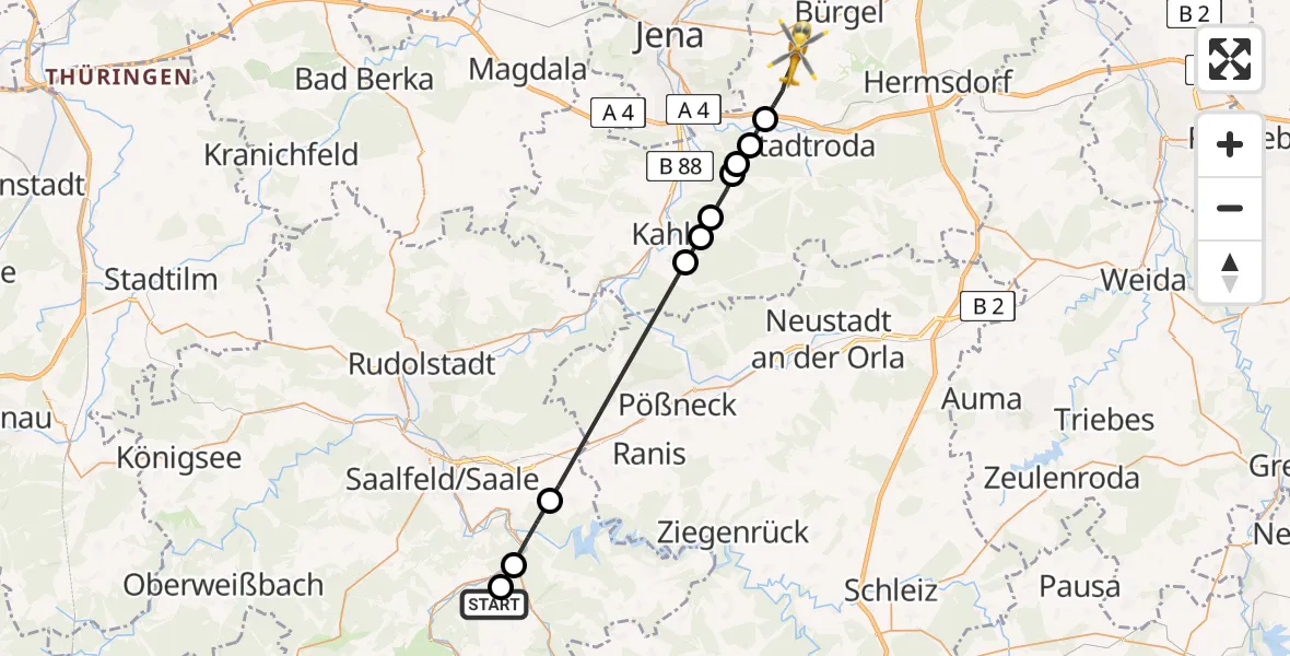Flugroute Rettungshubschrauber Leutenberg - Jena-Schöngleina Flugplatz, 18 Mai 2026, 16:12