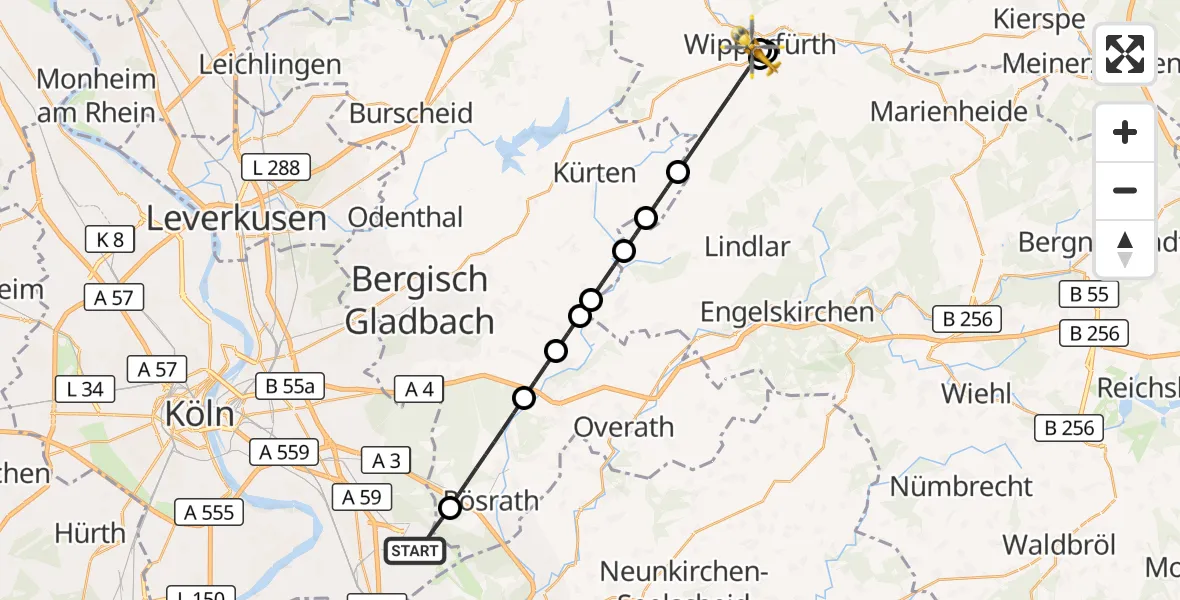 Flugroute Rettungshubschrauber Köln Bonn Flughafen - Helios Clinic Wipperfürth, 18 Mai 2026, 16:24