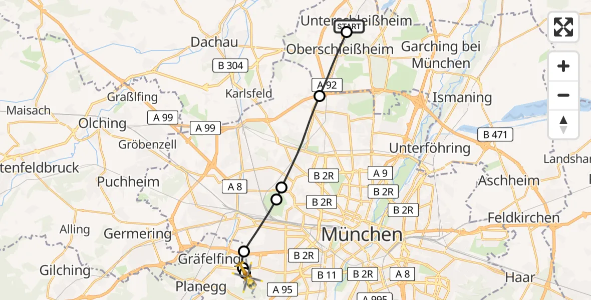 Flugroute Rettungshubschrauber Unterschleißheim - DRF Air Rescue München Hubschrauberlandeplatz, 18 Mai 2026, 16:28