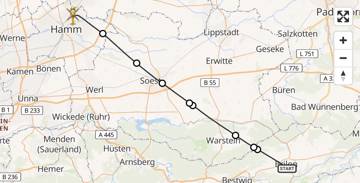Flugroute Rettungshubschrauber Brilon - Hamm, 18 Mai 2026, 16:36