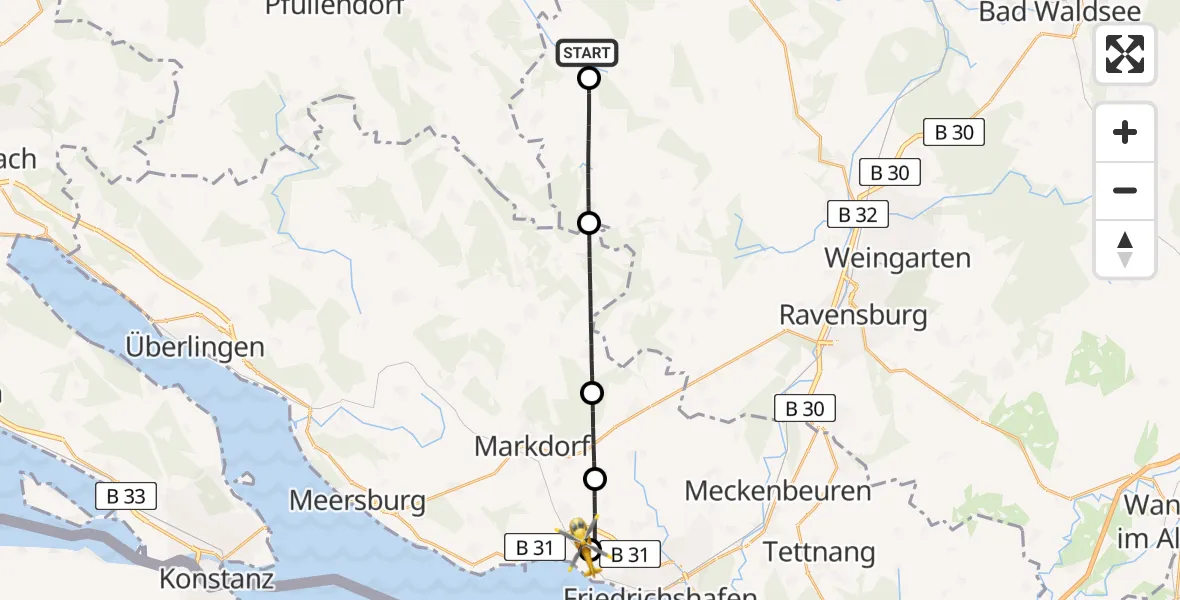 Flugroute Rettungshubschrauber Riedhausen - Friedrichshafen Hospital, 18 Mai 2026, 16:51