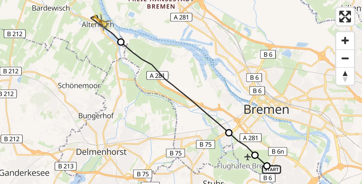 Flugroute Rettungshubschrauber ADAC Air Rescue Station Bremen Hubschrauberlandeplatz (Christoph 6) - Lemwerder, 18 Mai 2026, 17:03