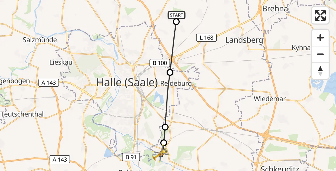 Flugroute Rettungshubschrauber Halle-Oppin Flugplatz - Schkopau, 18 Mai 2026, 17:06