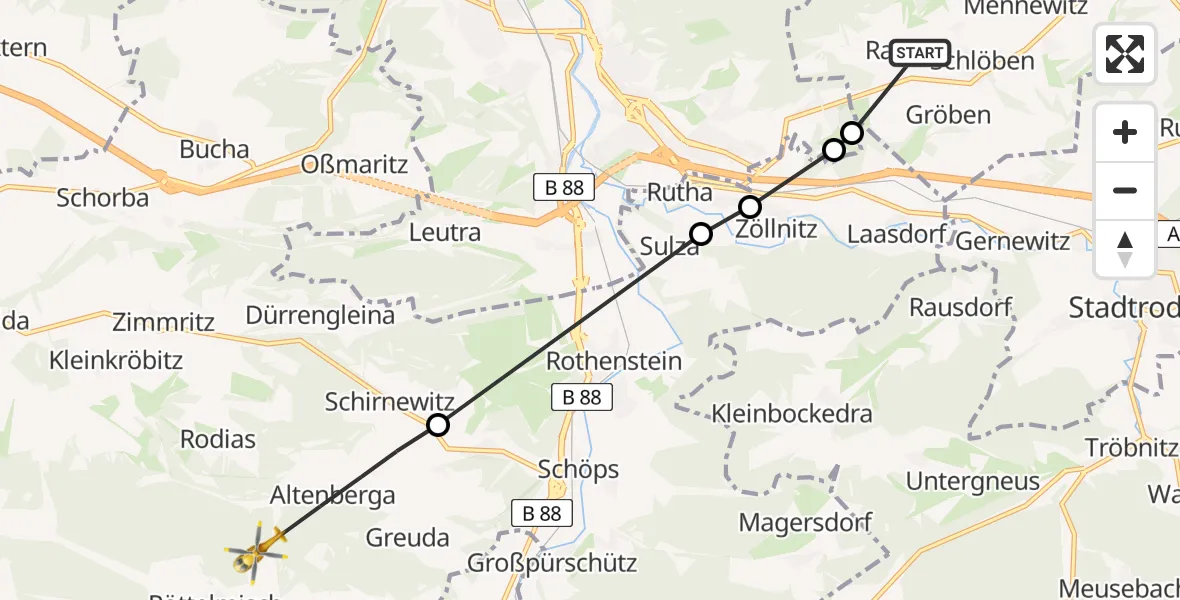 Flugroute Rettungshubschrauber Schlöben - Gumperda, 18 Mai 2026, 17:08