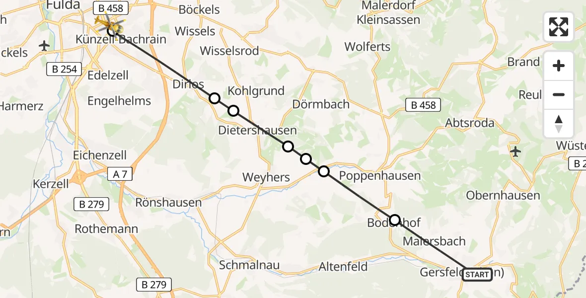 Flugroute Rettungshubschrauber Gersfeld (Rhön) - Fulda Hospital, 18 Mai 2026, 17:10
