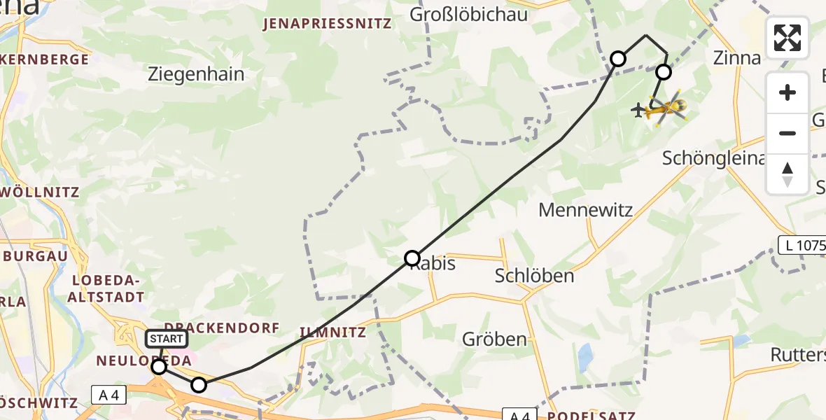 Flugroute Rettungshubschrauber Jena University Hospital - Jena-Schöngleina Flugplatz, 18 Mai 2026, 17:10