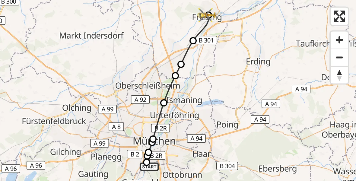 Flugroute Rettungshubschrauber ADAC Air Rescue Center Hubschrauberlandeplatz (Christoph 1) - Freising Clinic Hubschrauberlandeplatz, 18 Mai 2026, 17:12