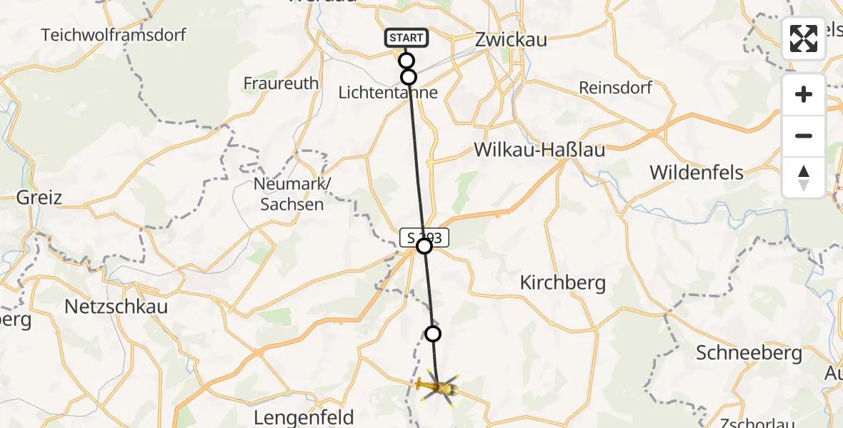 Flugroute Rettungshubschrauber ADAC Air Rescue Station Zwickau Hubschrauberlandeplatz - Kirchberg, 18 Mai 2026, 17:15