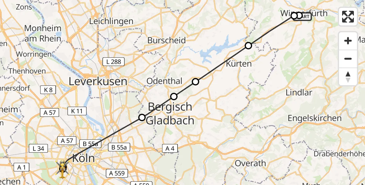 Flugroute Rettungshubschrauber Helios Clinic Wipperfürth - Köln University Hospital, 18 Mai 2026, 17:17
