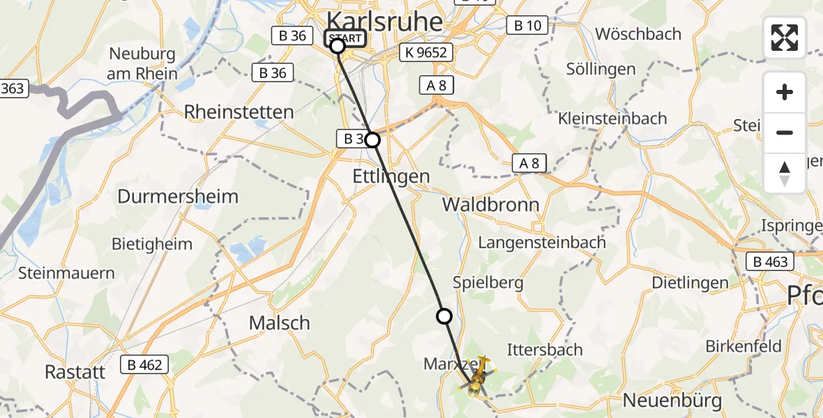 Flugroute Rettungshubschrauber Sankt Vincentius Hospital - Marxzell, 18 Mai 2026, 17:19