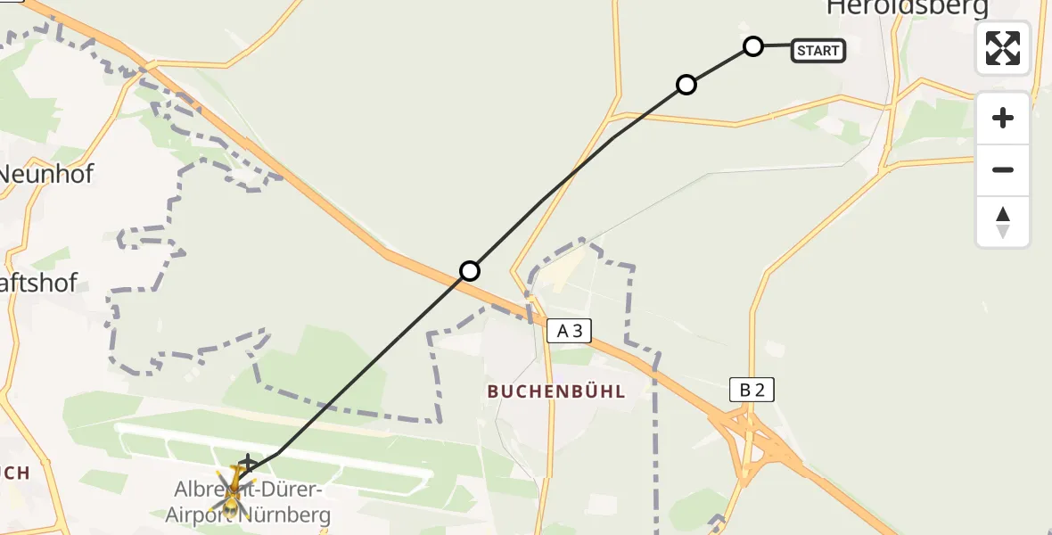 Flugroute Ambulanzhubschrauber Heroldsberg - Flughafen Nuremberg, 18 Mai 2026, 17:19