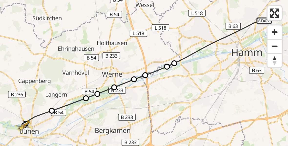 Flugroute Rettungshubschrauber Hamm - Sankt Marien Hospital, 18 Mai 2026, 17:24