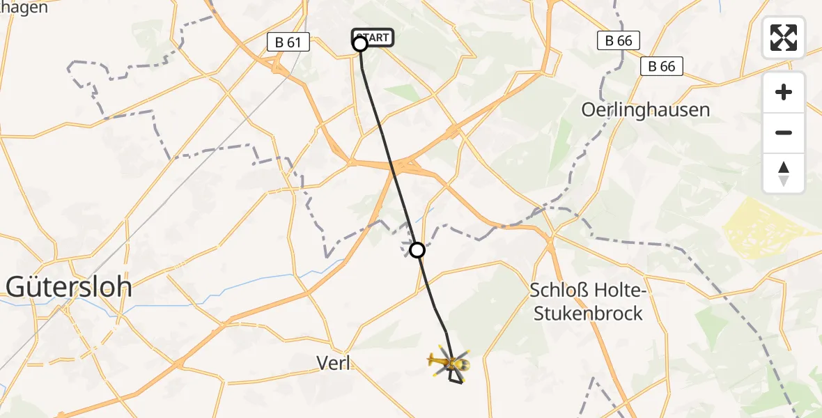 Flugroute Rettungshubschrauber Luftrettungszentrum Bielefeld - Verl, 18 Mai 2026, 17:27