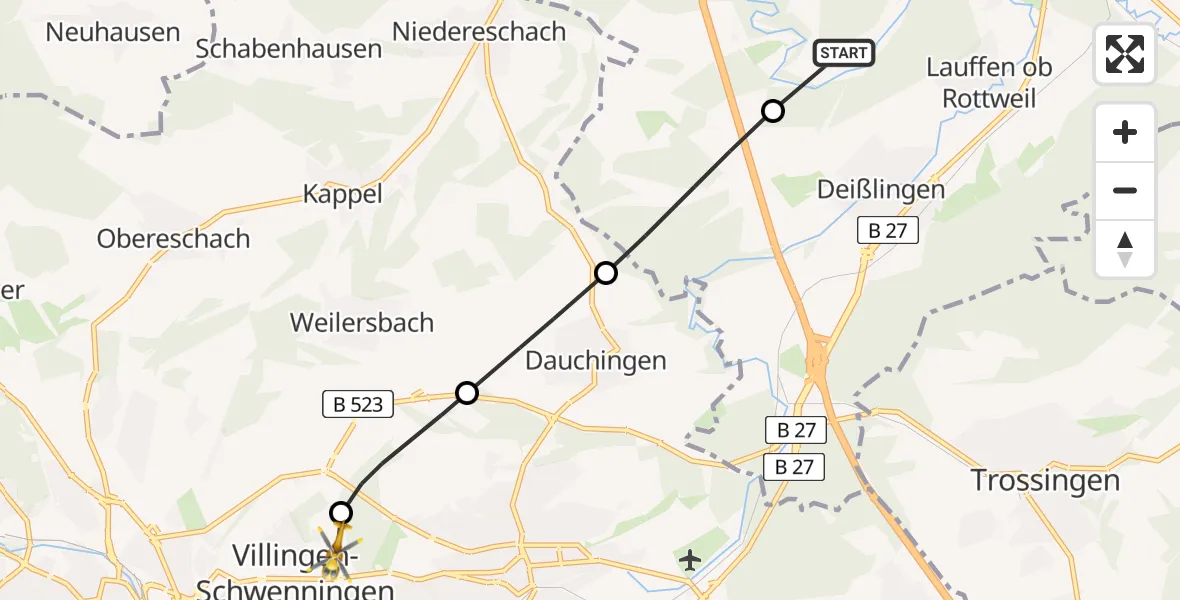 Flugroute Rettungshubschrauber Rottweil - DRF Air Rescue Station Villingen-Schwenningen Hubschrauberlandeplatz (Christoph 11), 18 Mai 2026, 17:34