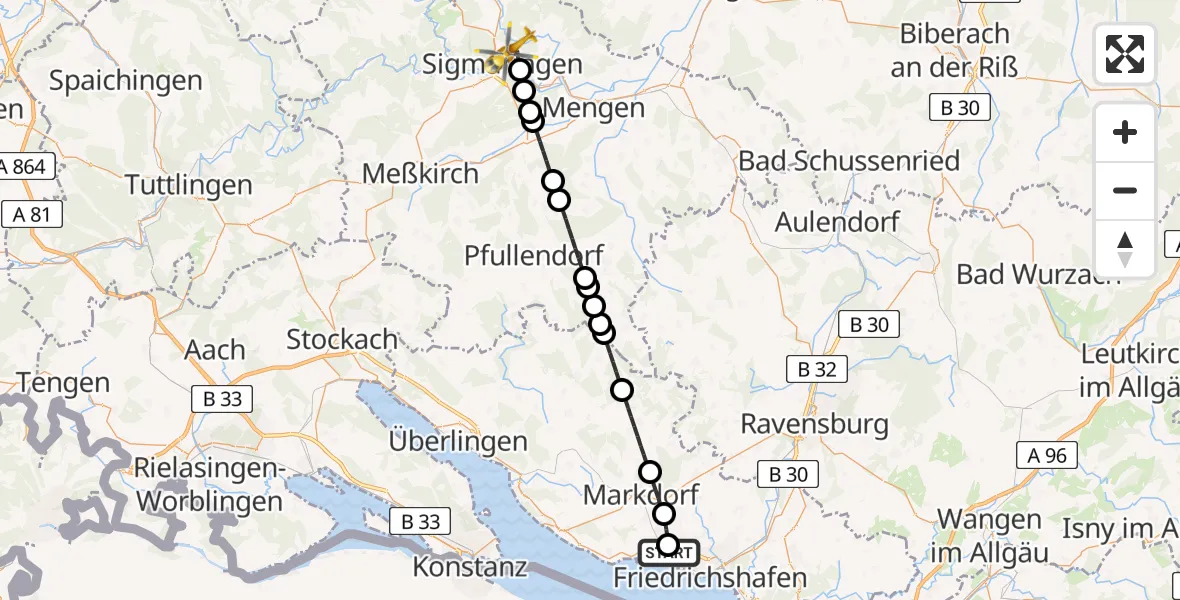 Flugroute Rettungshubschrauber Friedrichshafen Hospital - Sigmaringen, 18 Mai 2026, 17:35