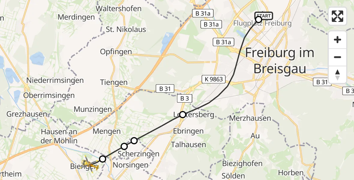 Flugroute Rettungshubschrauber Freiburg im Breisgau Flugplatz - Bad Krozingen, 18 Mai 2026, 17:38