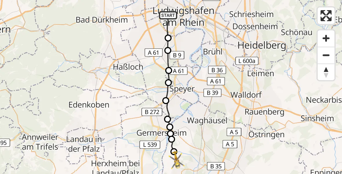 Flugroute Rettungshubschrauber Ludwigshafen am Rhein - Dettenheim, 18 Mai 2026, 17:41