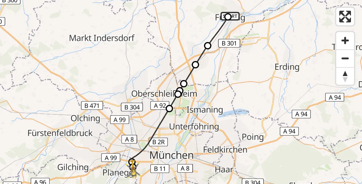 Flugroute Rettungshubschrauber Freising Clinic Hubschrauberlandeplatz - DRF Air Rescue München Hubschrauberlandeplatz, 18 Mai 2026, 17:48