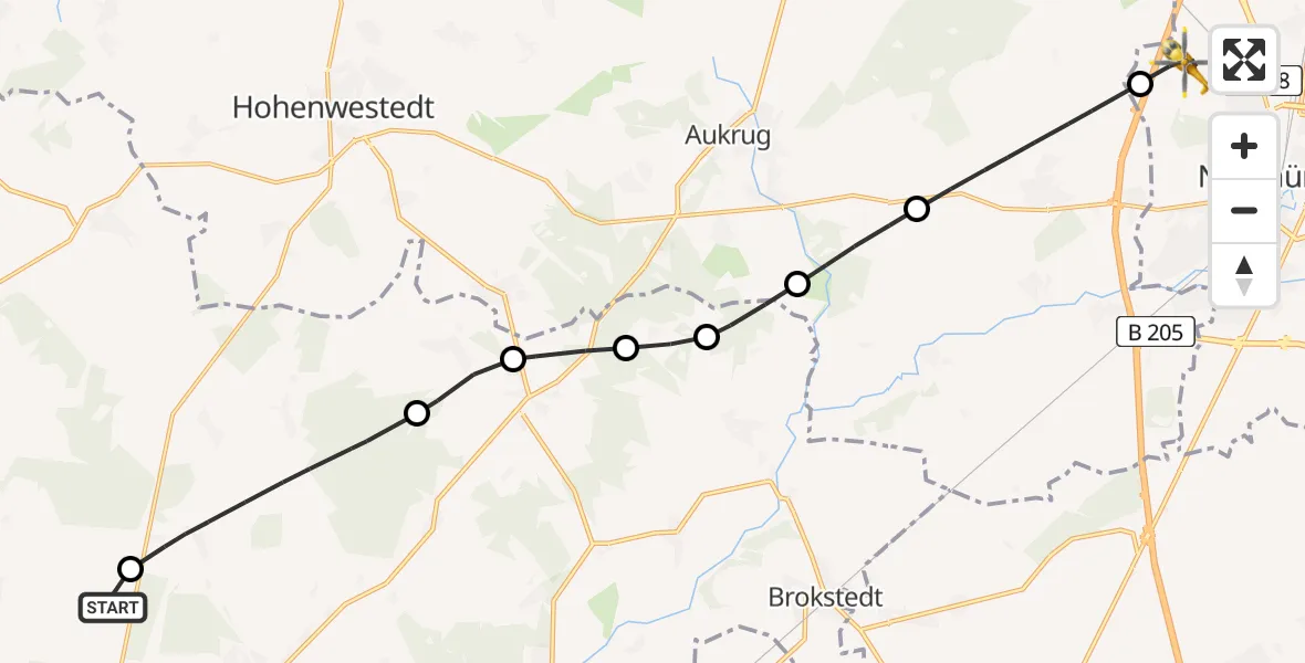 Flugroute Rettungshubschrauber Itzehoe Hungriger Wolf Flugplatz - Neumünster, 18 Mai 2026, 17:48