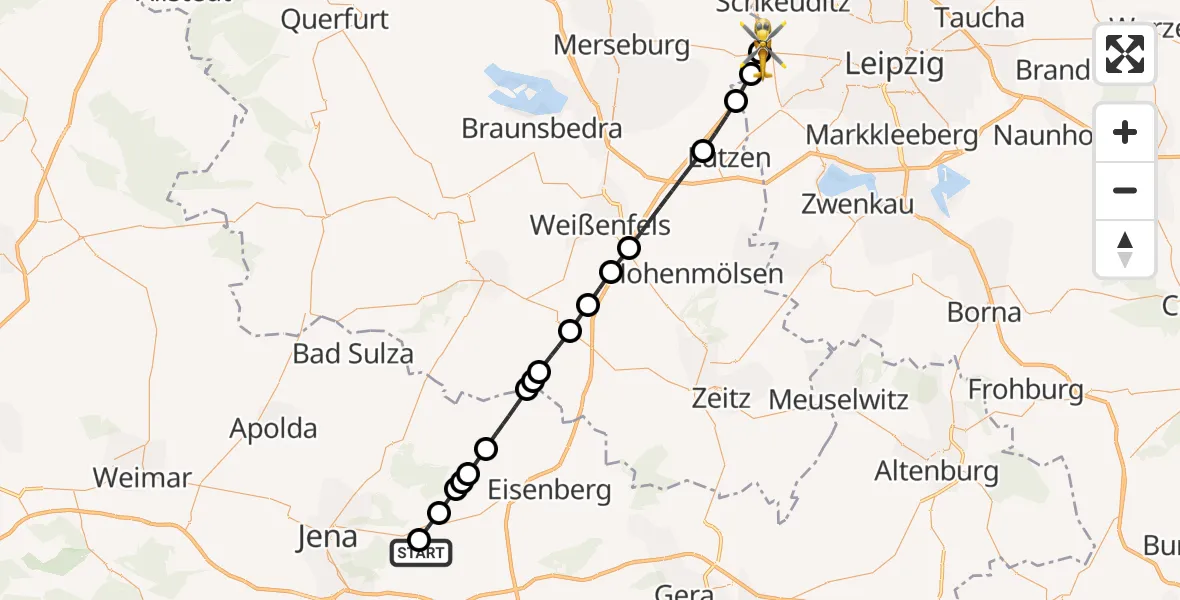 Flugroute Rettungshubschrauber Jena-Schöngleina Flugplatz - ADAC Air Rescue Station Leipzig/Schkeuditz-Dölzig Hubschrauberlandeplatz (Christoph 61), 18 Mai 2026, 17:54