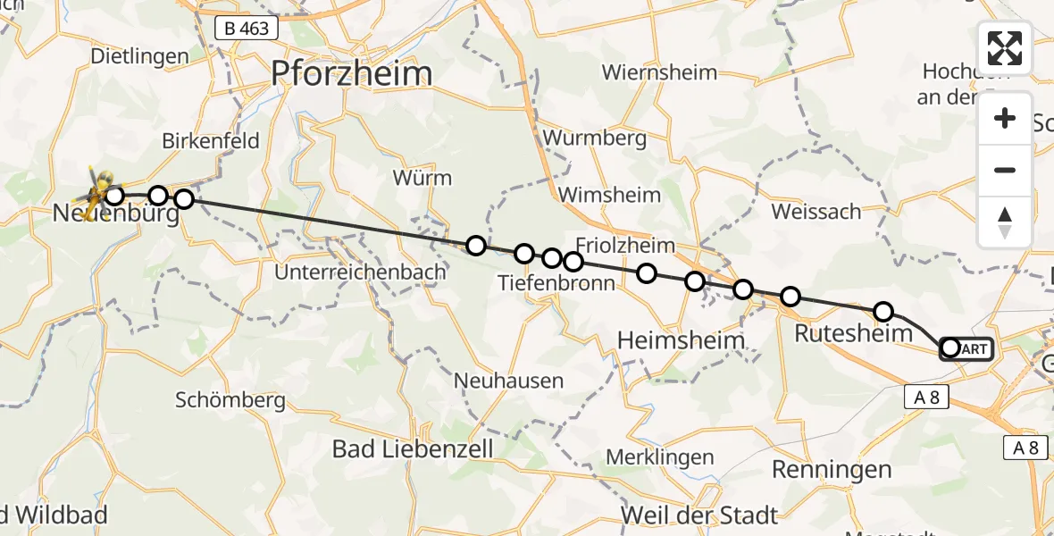 Flugroute Rettungshubschrauber Leonberg Hospital - Neuenbürg, 18 Mai 2026, 17:57