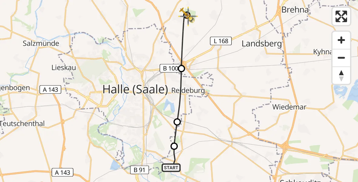 Flugroute Rettungshubschrauber Schkopau - Halle-Oppin Flugplatz, 18 Mai 2026, 17:59