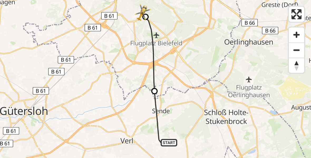 Flugroute Rettungshubschrauber Verl - Luftrettungszentrum Bielefeld, 18 Mai 2026, 18:05