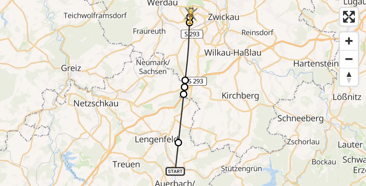 Flugroute Rettungshubschrauber Rodewisch - ADAC Air Rescue Station Zwickau Hubschrauberlandeplatz, 18 Mai 2026, 18:08