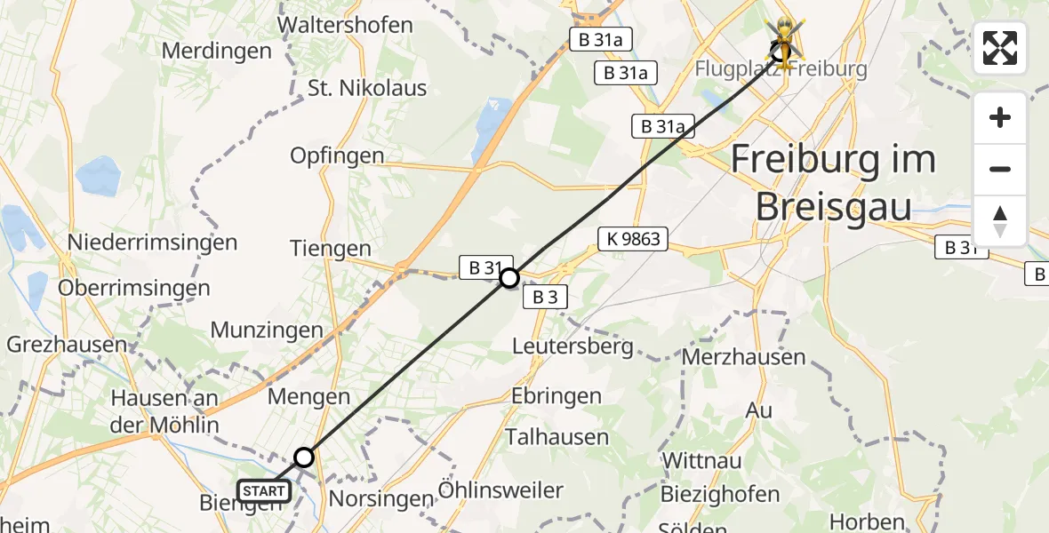 Flugroute Rettungshubschrauber Bad Krozingen - Freiburg im Breisgau Flugplatz, 18 Mai 2026, 18:09