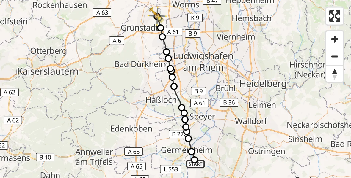 Flugroute Rettungshubschrauber Dettenheim - Offstein, 18 Mai 2026, 18:09