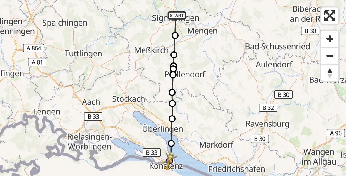 Flugroute Rettungshubschrauber Sigmaringen - Konstanz Hospital, 18 Mai 2026, 18:13