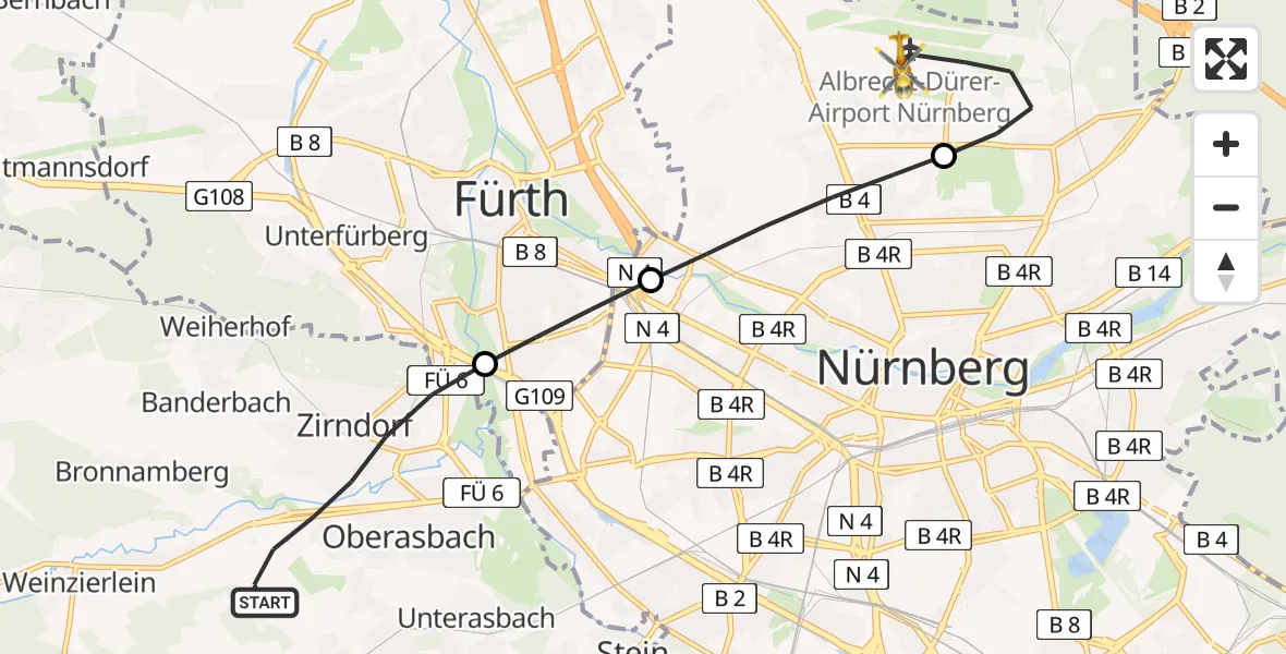 Flugroute Ambulanzhubschrauber Zirndorf - Flughafen Nuremberg, 18 Mai 2026, 18:15