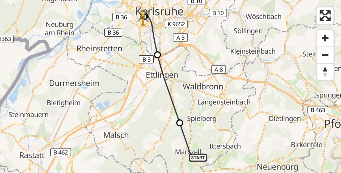 Flugroute Rettungshubschrauber Marxzell - Sankt Vincentius Hospital, 18 Mai 2026, 18:16