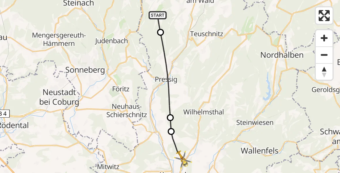Flugroute Rettungshubschrauber Steinbach a.Wald - Kronach, 18 Mai 2026, 18:18