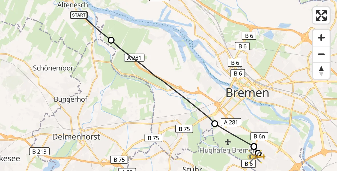 Flugroute Rettungshubschrauber Lemwerder - ADAC Air Rescue Station Bremen Hubschrauberlandeplatz (Christoph 6), 18 Mai 2026, 18:24