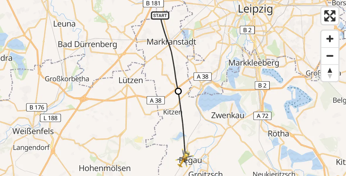 Flugroute Rettungshubschrauber Markranstädt - Pegau, 18 Mai 2026, 18:34