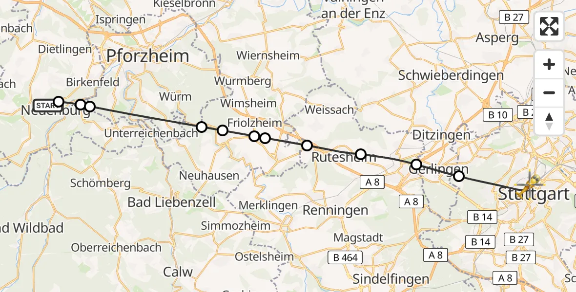 Flugroute Rettungshubschrauber Neuenbürg - Stuttgart, 18 Mai 2026, 18:37