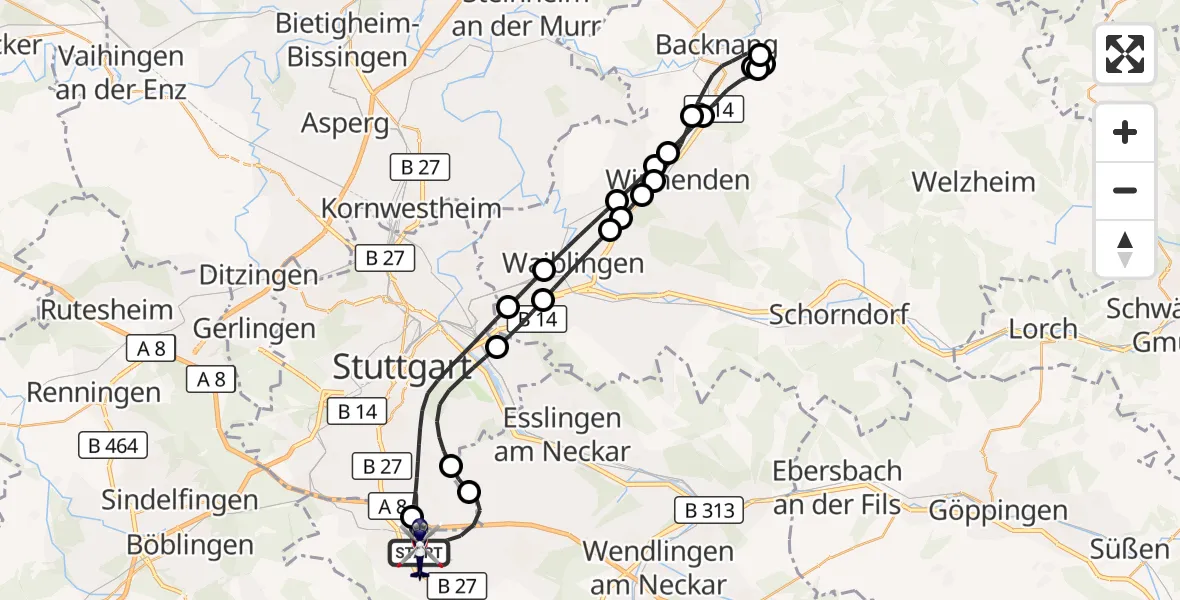 Flugroute Polizeihubschrauber Flughafen Stuttgart - Flughafen Stuttgart, 18 Mai 2026, 18:41