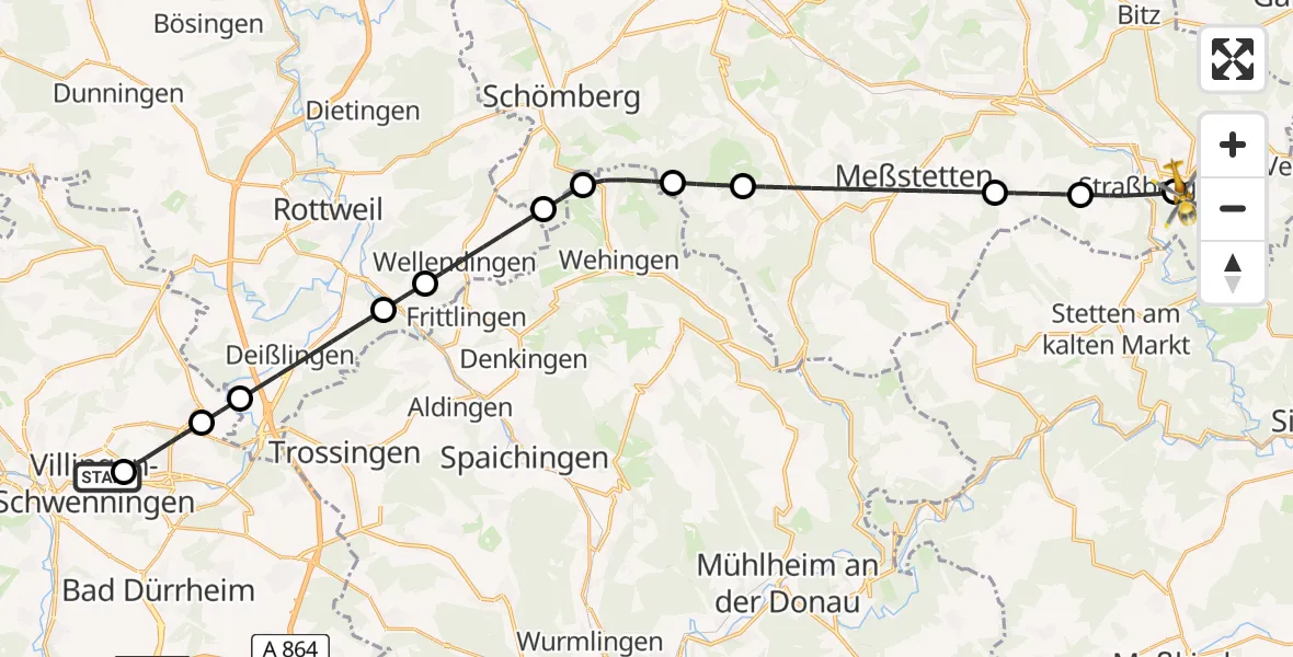Flugroute Rettungshubschrauber DRF Air Rescue Station Villingen-Schwenningen Hubschrauberlandeplatz (Christoph 11) - Winterlingen, 18 Mai 2026, 18:46